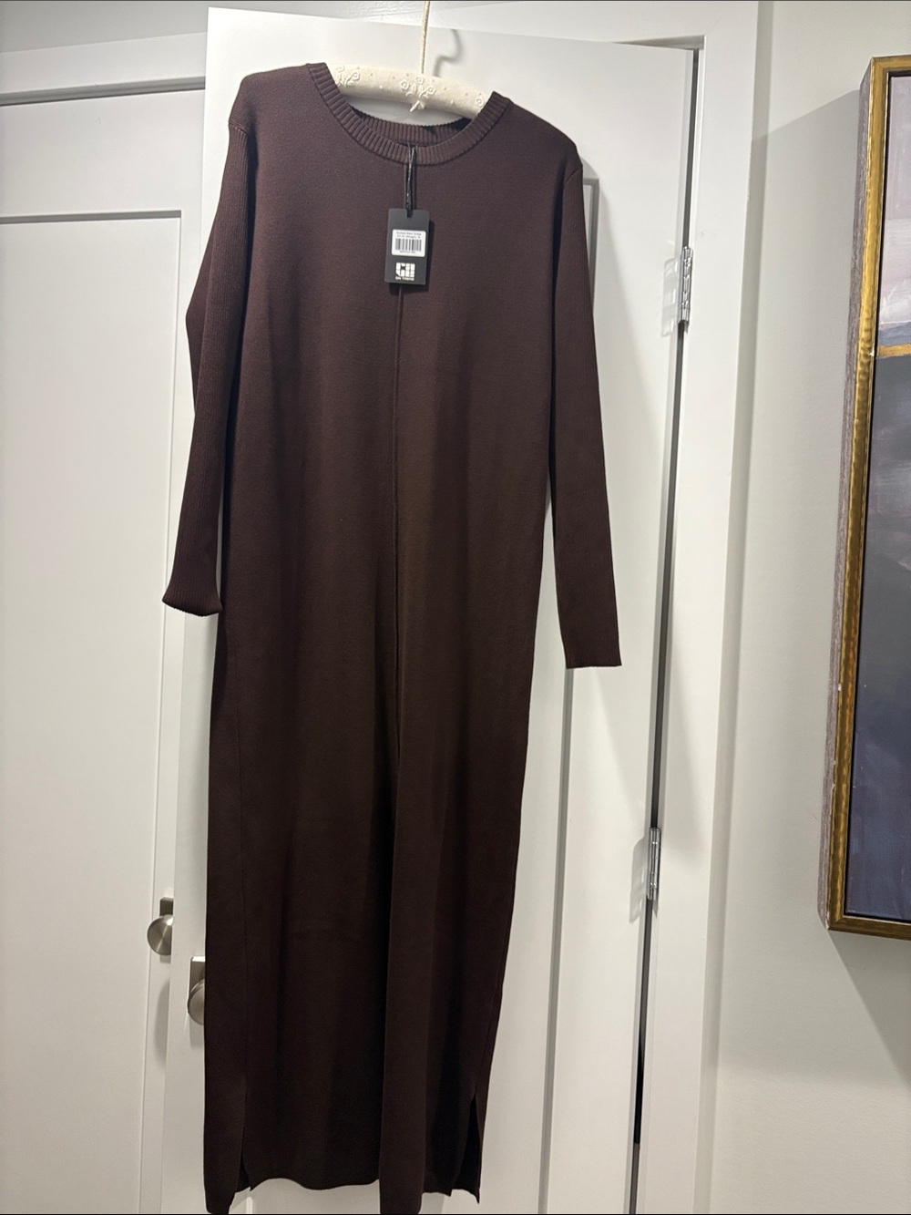 Long Brown Knit Maxi Dress - , Classic Crewneck Sweater Dress